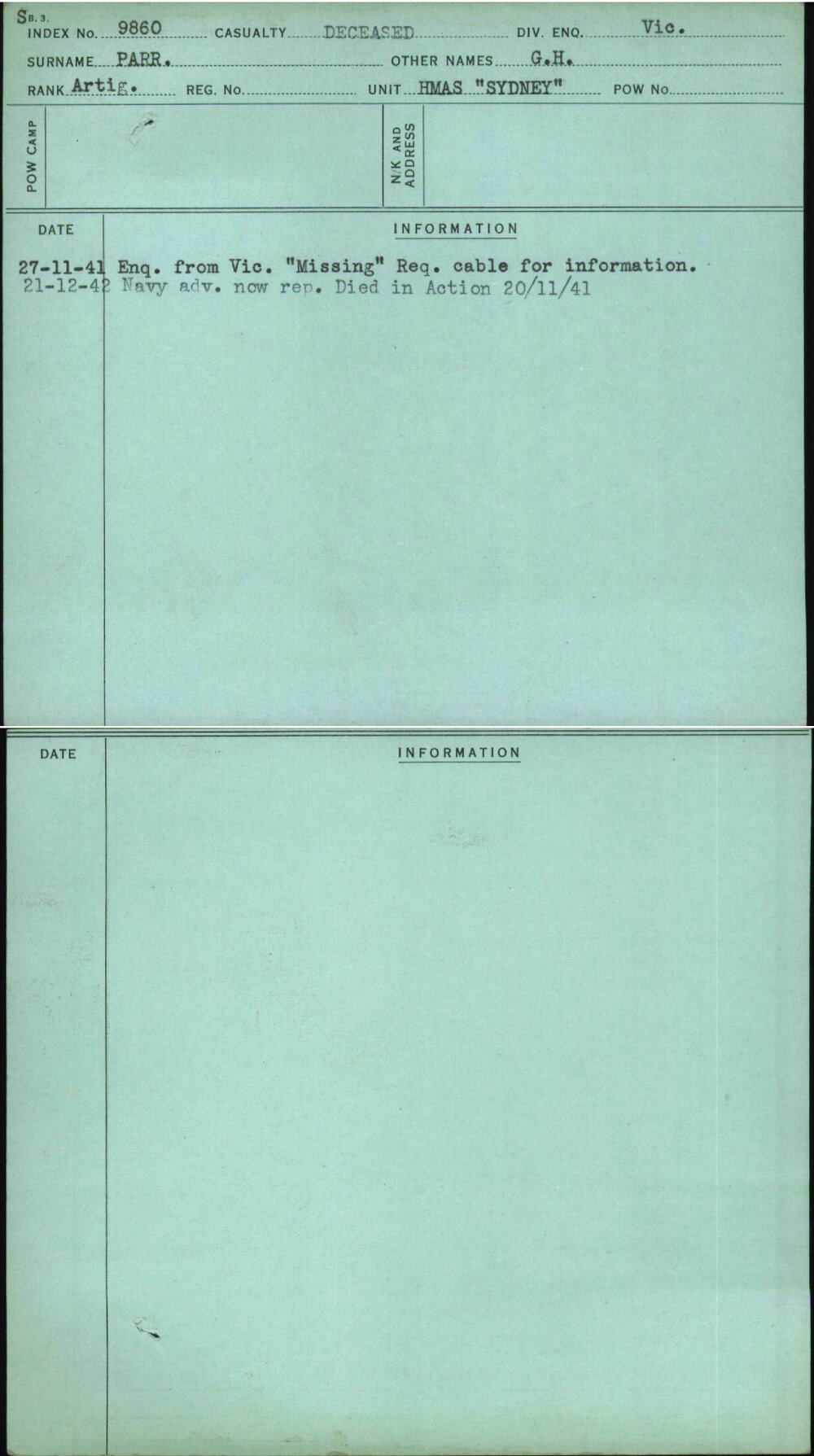 Parr, G H, [No Service Number]