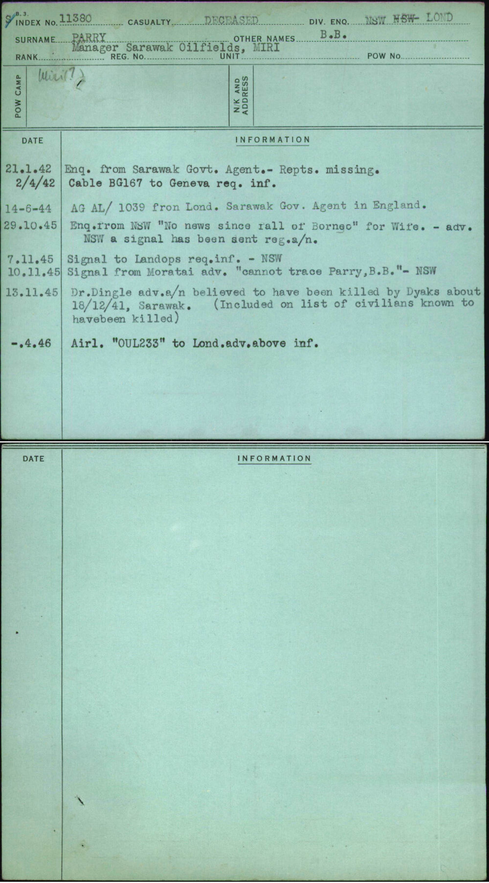 Parry, B B, [No Service Number]