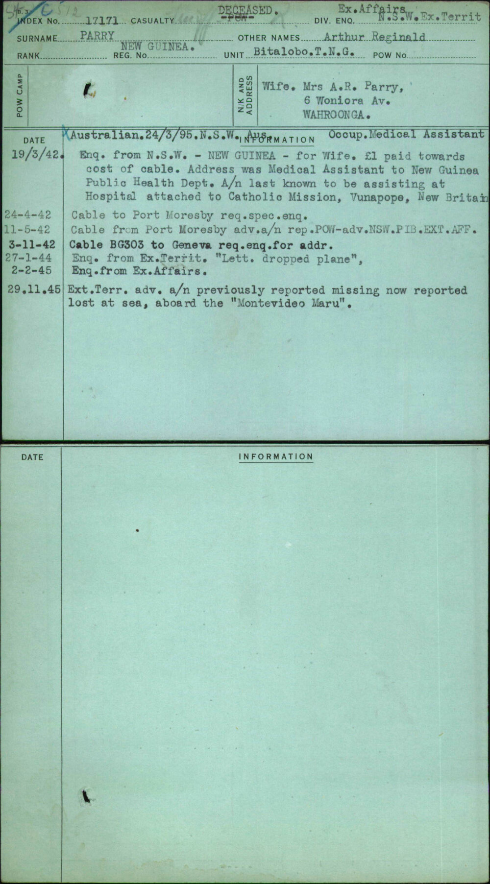 Parry, Arthur Reginald, [No Service Number]