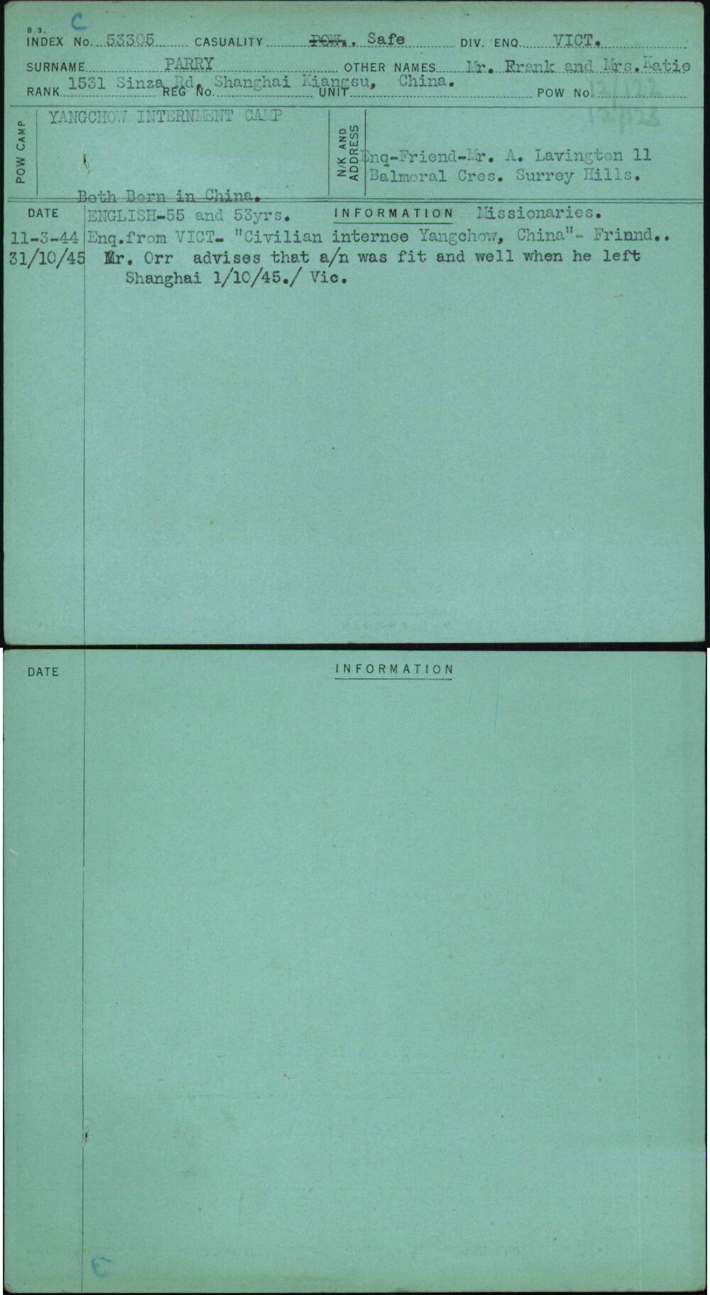 Parry, Mr Frank And Mrs Katie, [No Service Number]