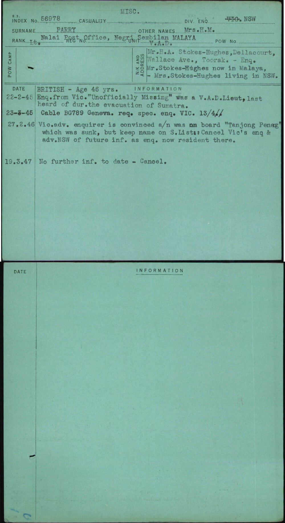 Parry, Mrs H M, [No Service Number]