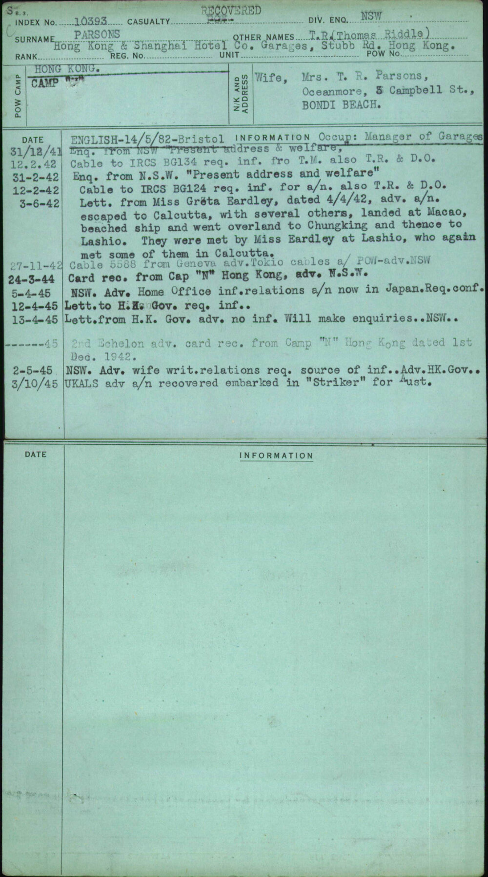 Parsons, T R (Thomas Riddle), [No Service Number]
