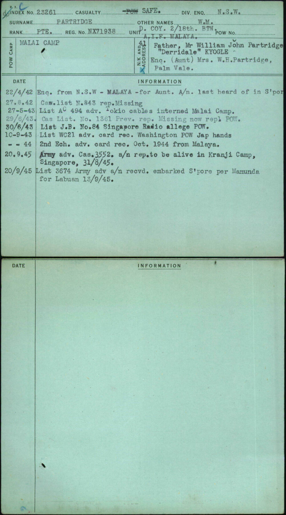 Partridge, W M, NX71938