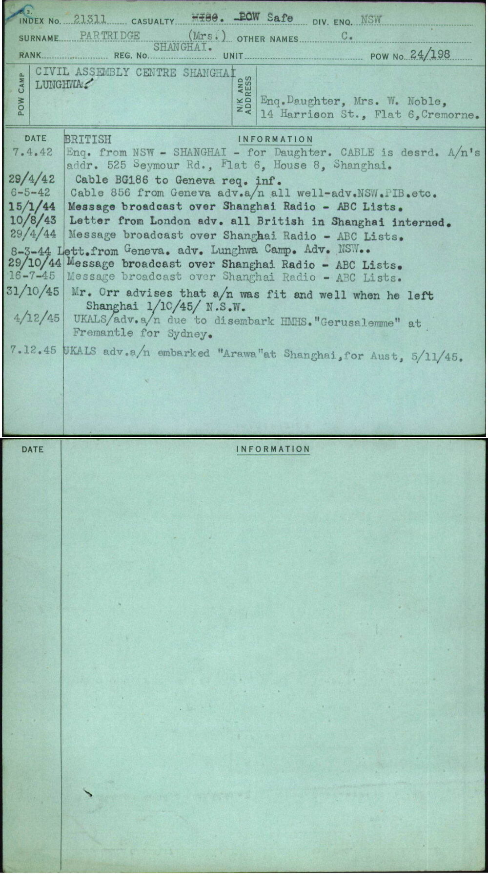 Partridge (Mrs), C, Shanghai