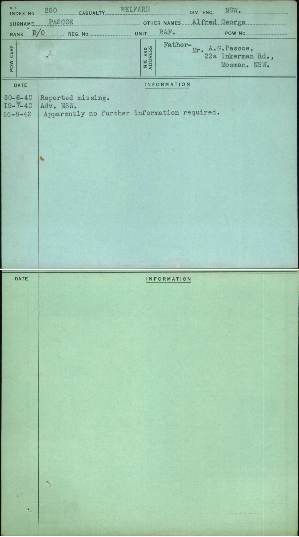 Pascoe, Alfred George, [No Service Number]