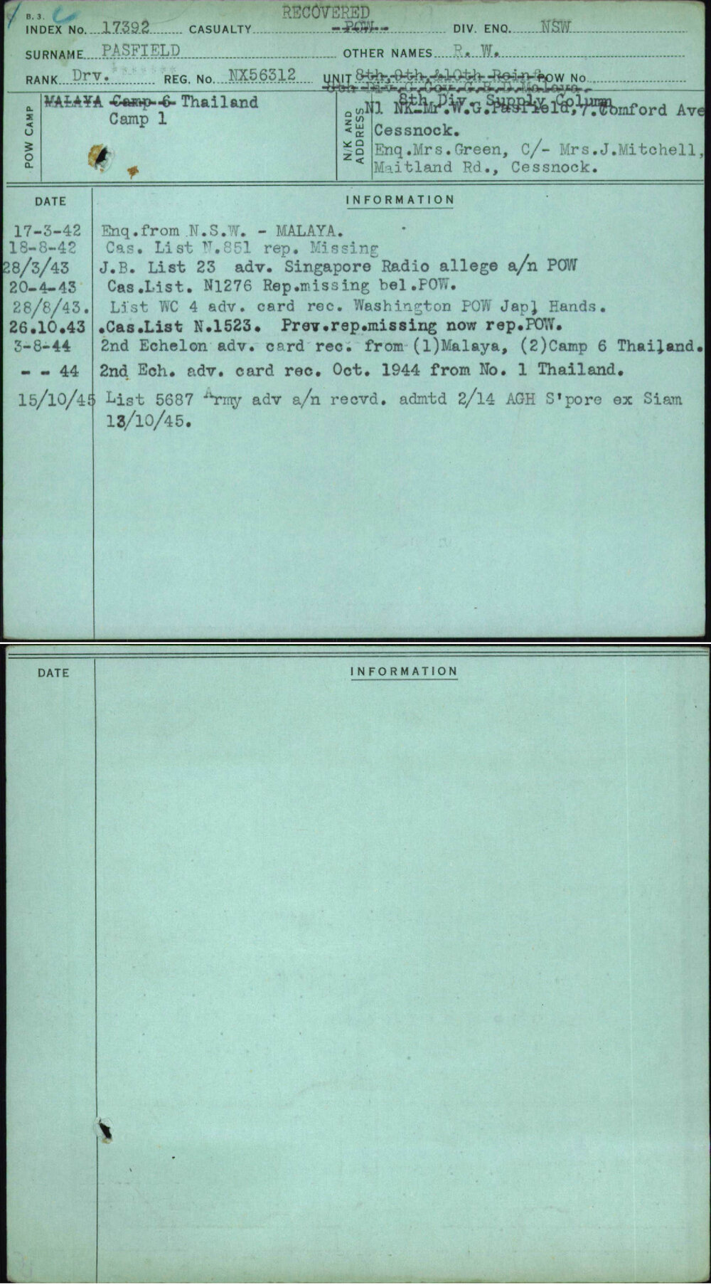 Pasfield, R W, NX56312