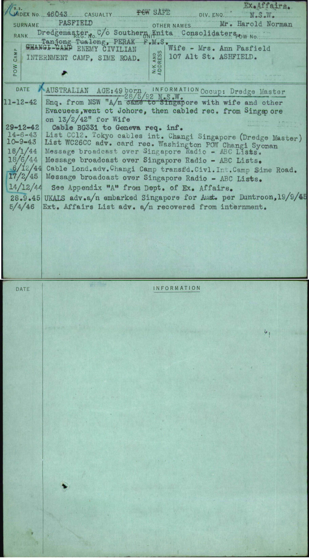 Pasfield, Mr Harold Norman, [No Service Number]