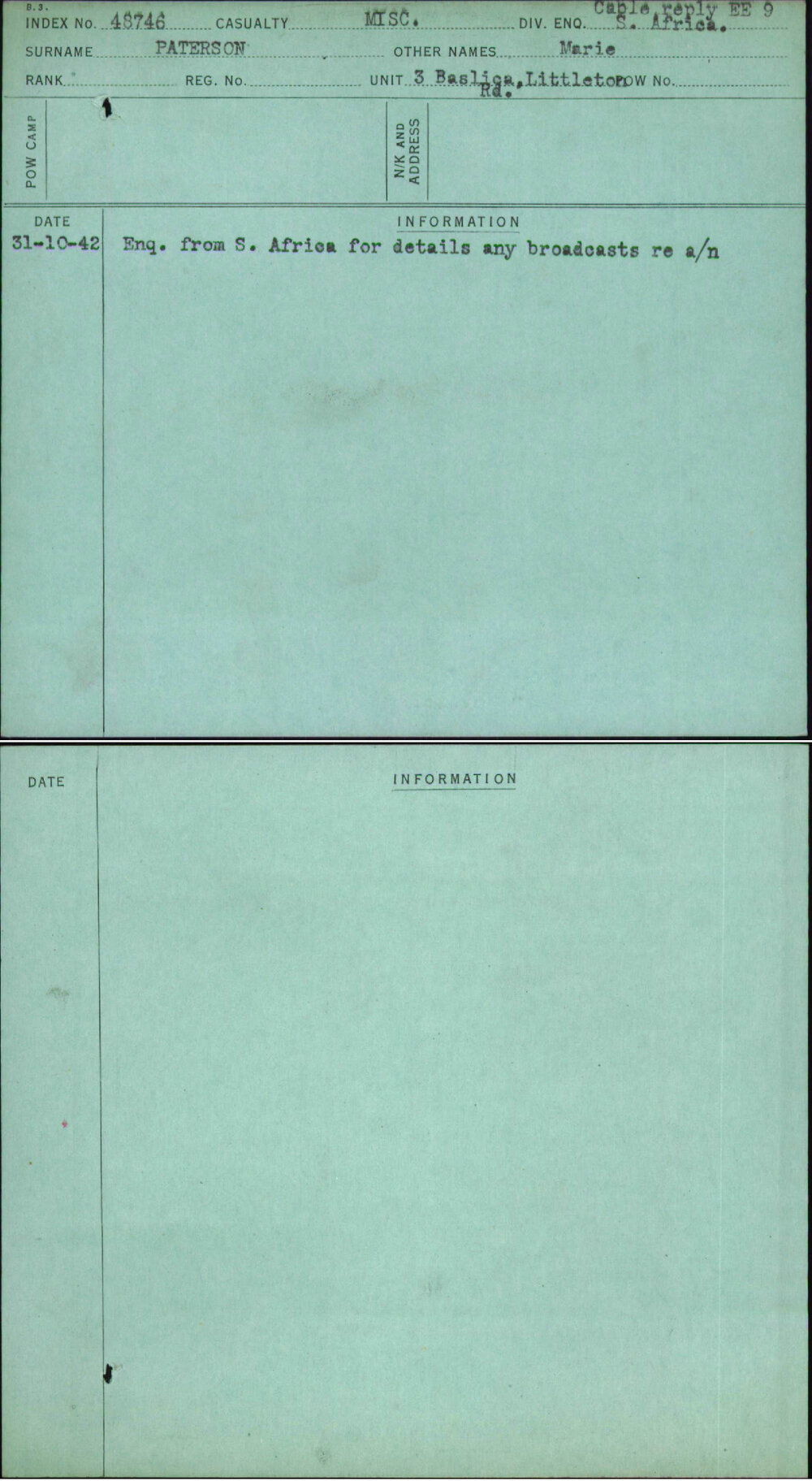 Paterson, Marie, [No Service Number]