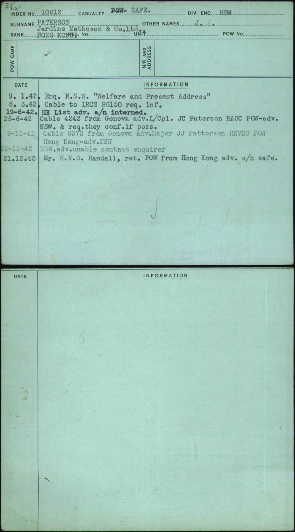 Paterson, J J, [No Service Number]