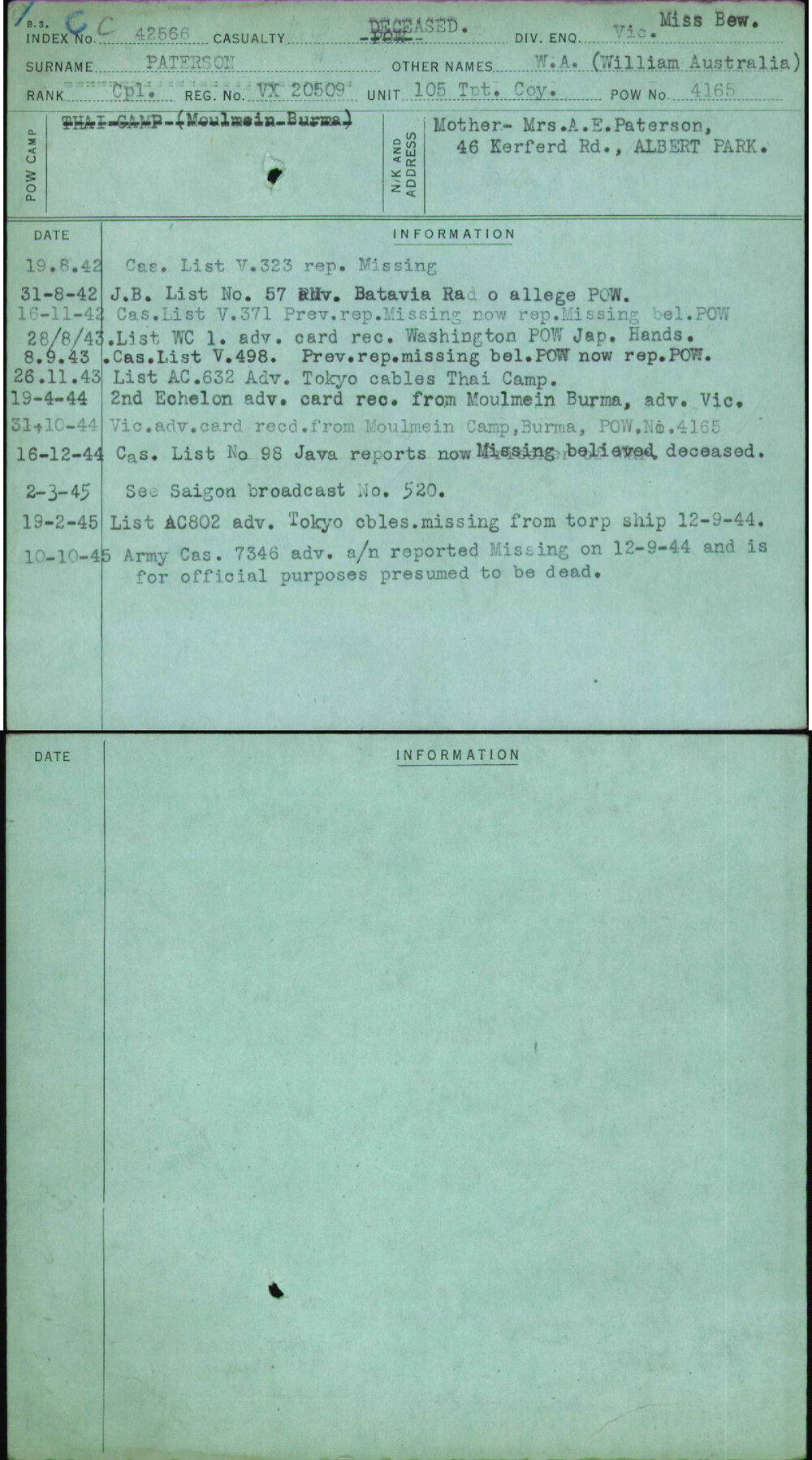 Paterson, W A (William Australia), VX20509