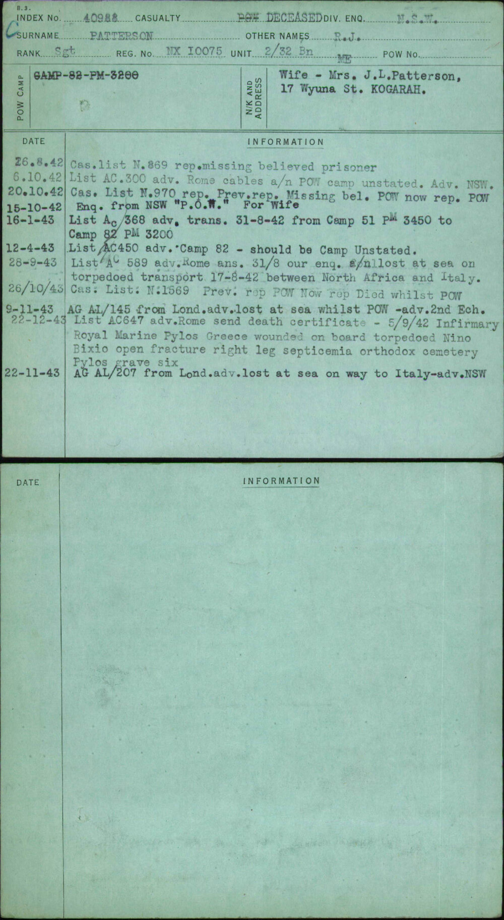 Patterson, R J, NX10075