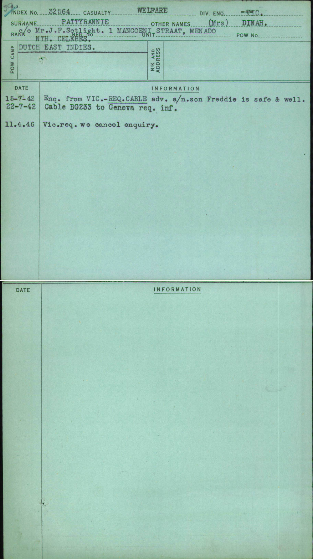 Pattyrannie, (Mrs) Dinah, [No Service Number]