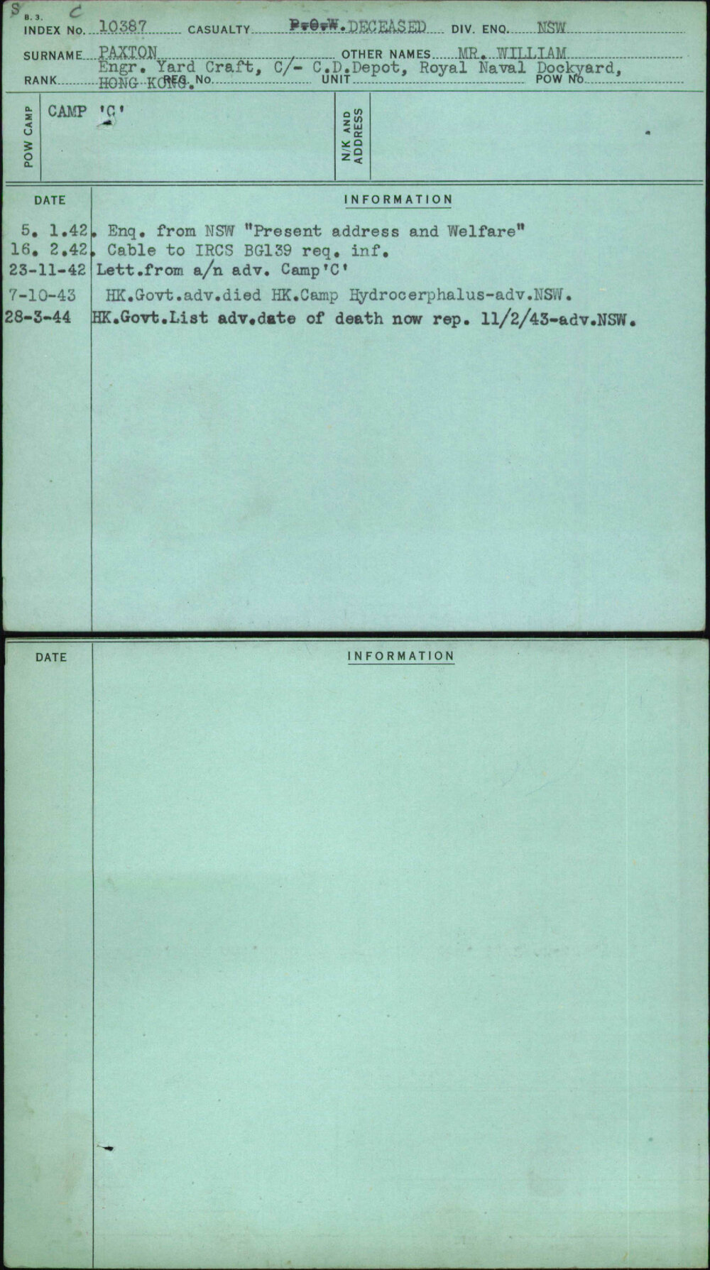 Paxton, Mr William, [No Service Number]