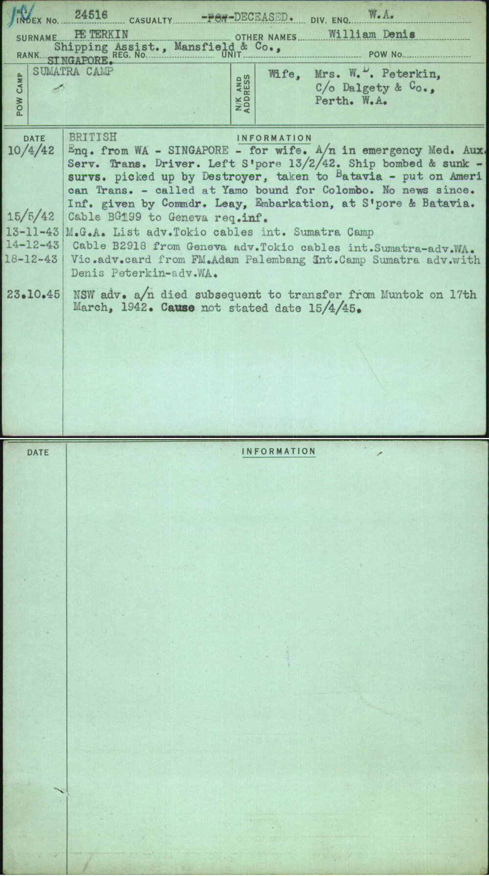 Pe Terkin, William Denis, [No Service Number]