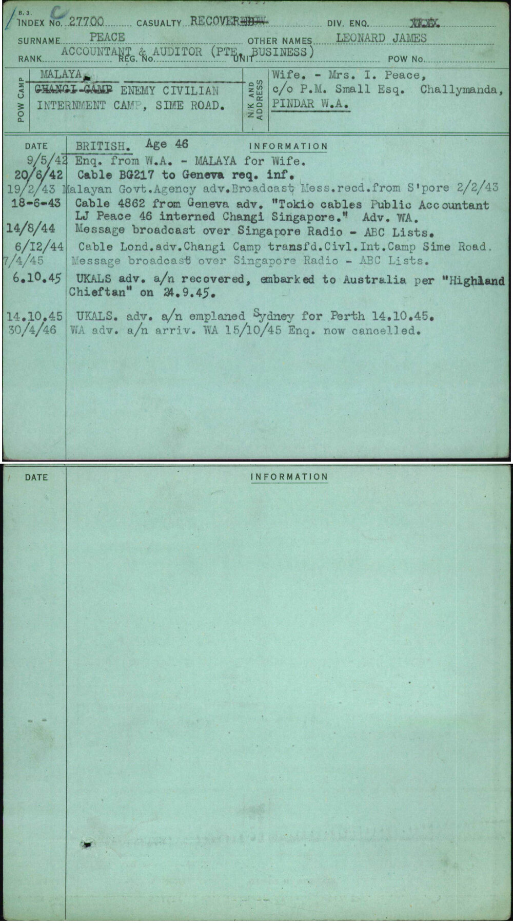 Peace, Leonard James, [No Service Number]