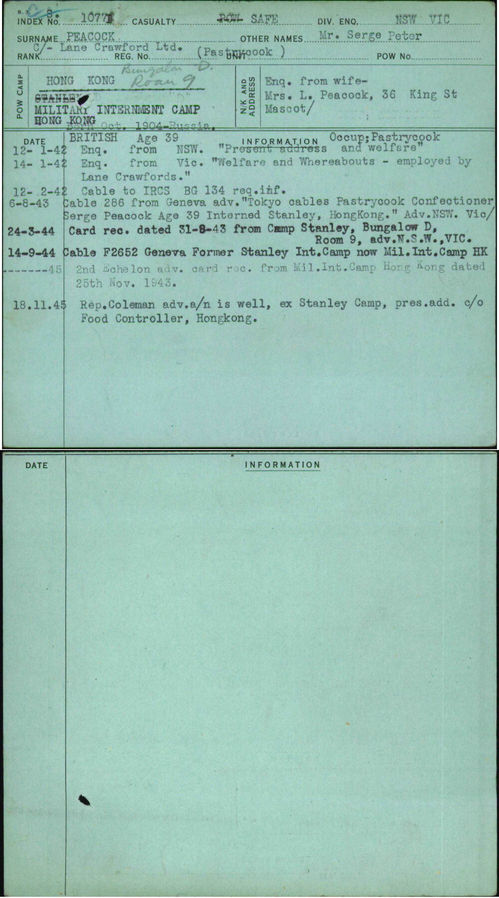 Peacock, Mr Serge Peter, [No Service Number]