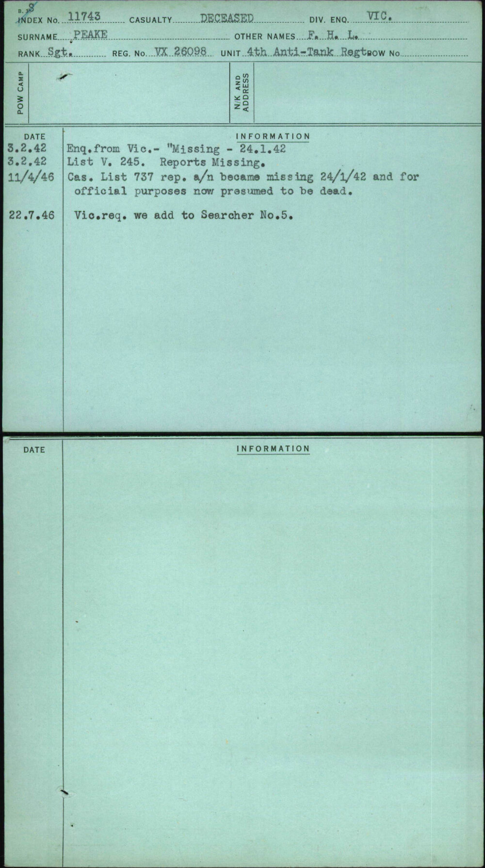 Peake, F H L, VX26098