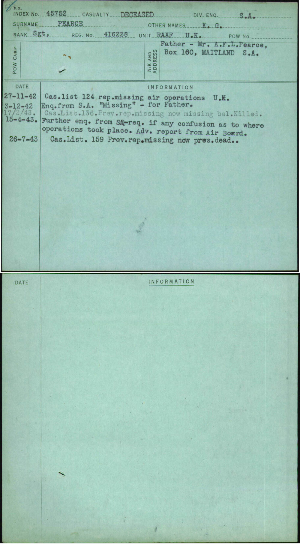Pearce, K G, 416228