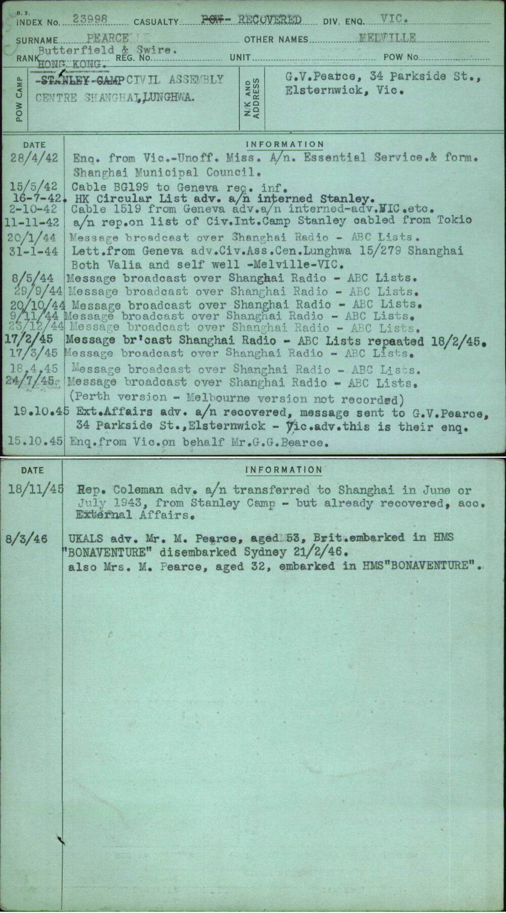 Pearce, Melville, [No Service Number]