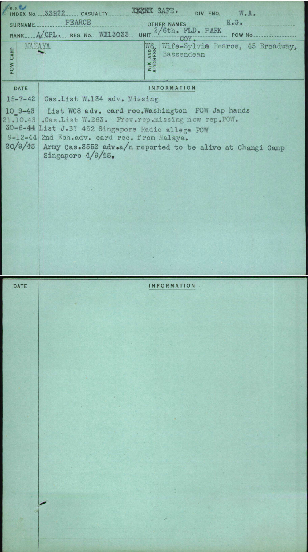 Pearce, R G, WX13033