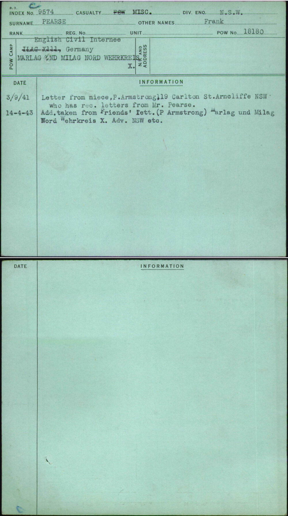 Pearse, Frank, [No Service Number]