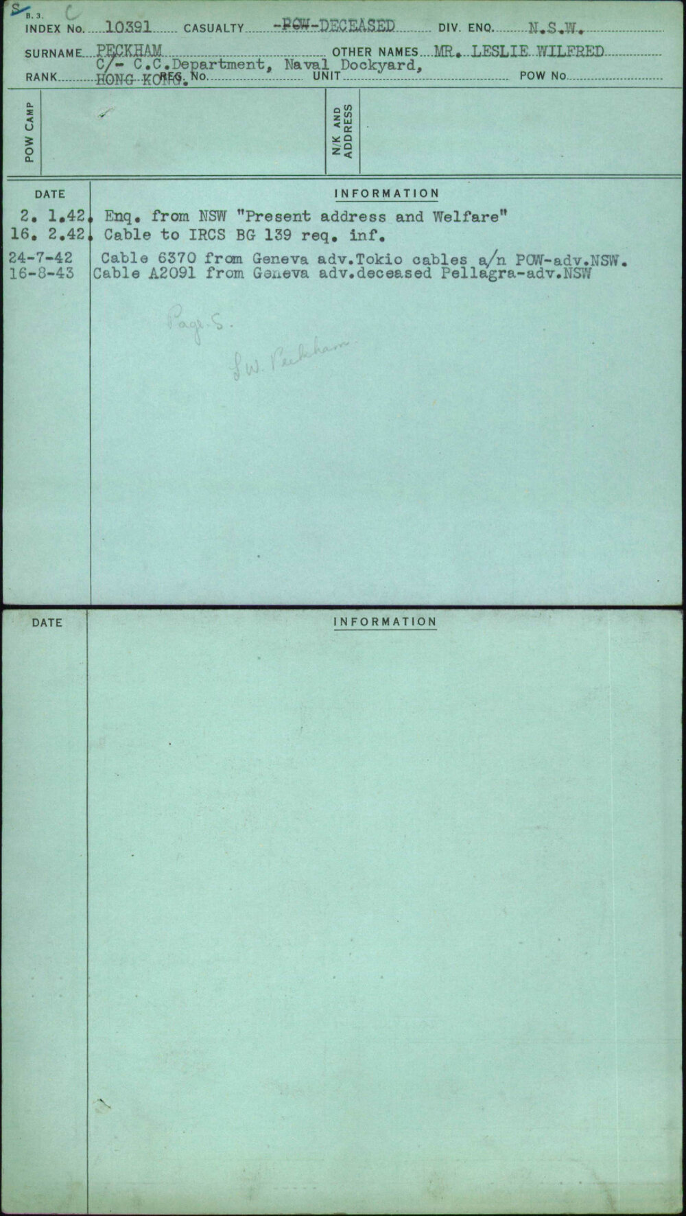 Peckham, Mr Leslie Wilfred, [No Service Number]