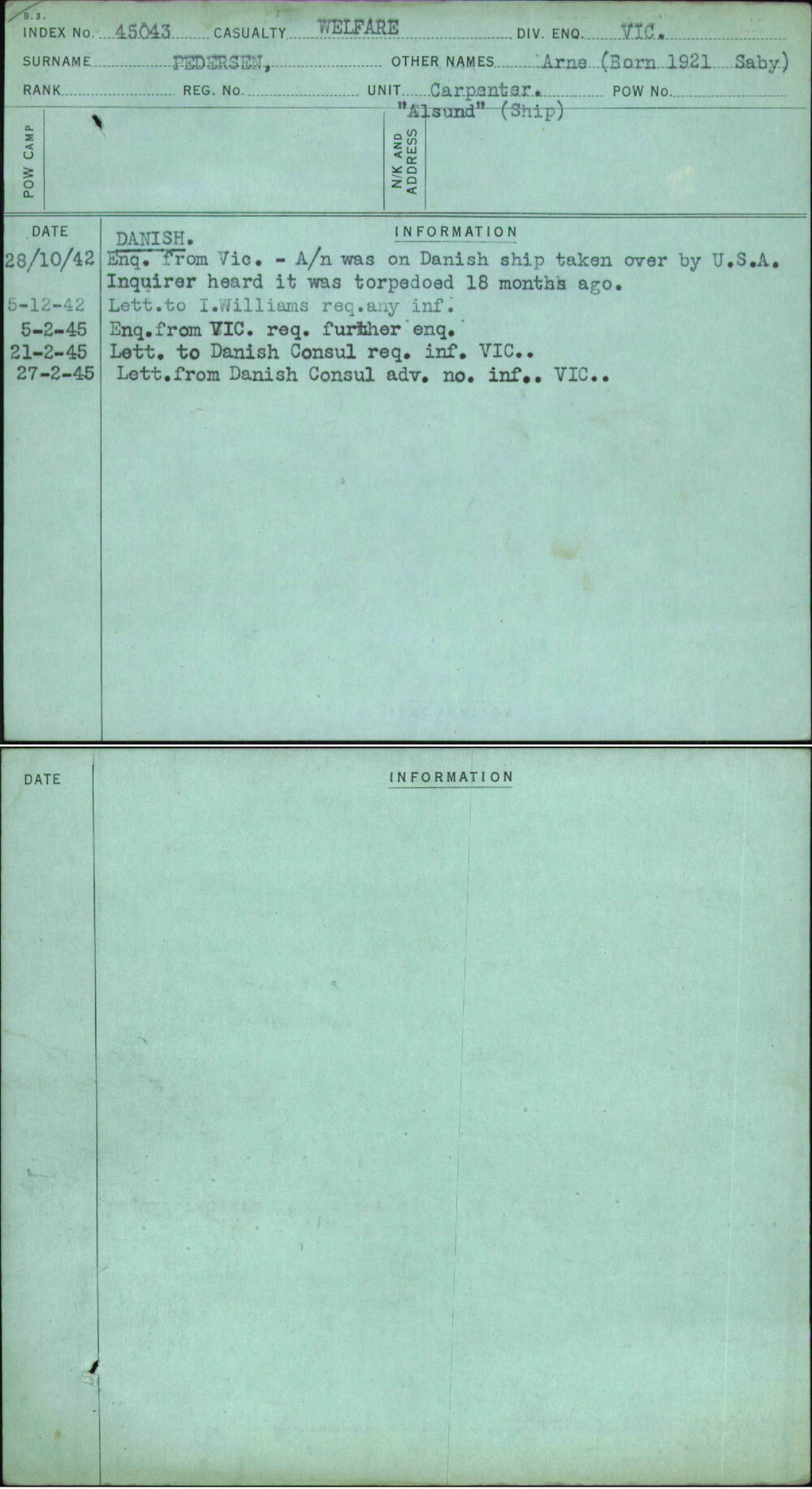 Pedersen, Arne (Born 1921 Saby), [No Service Number]