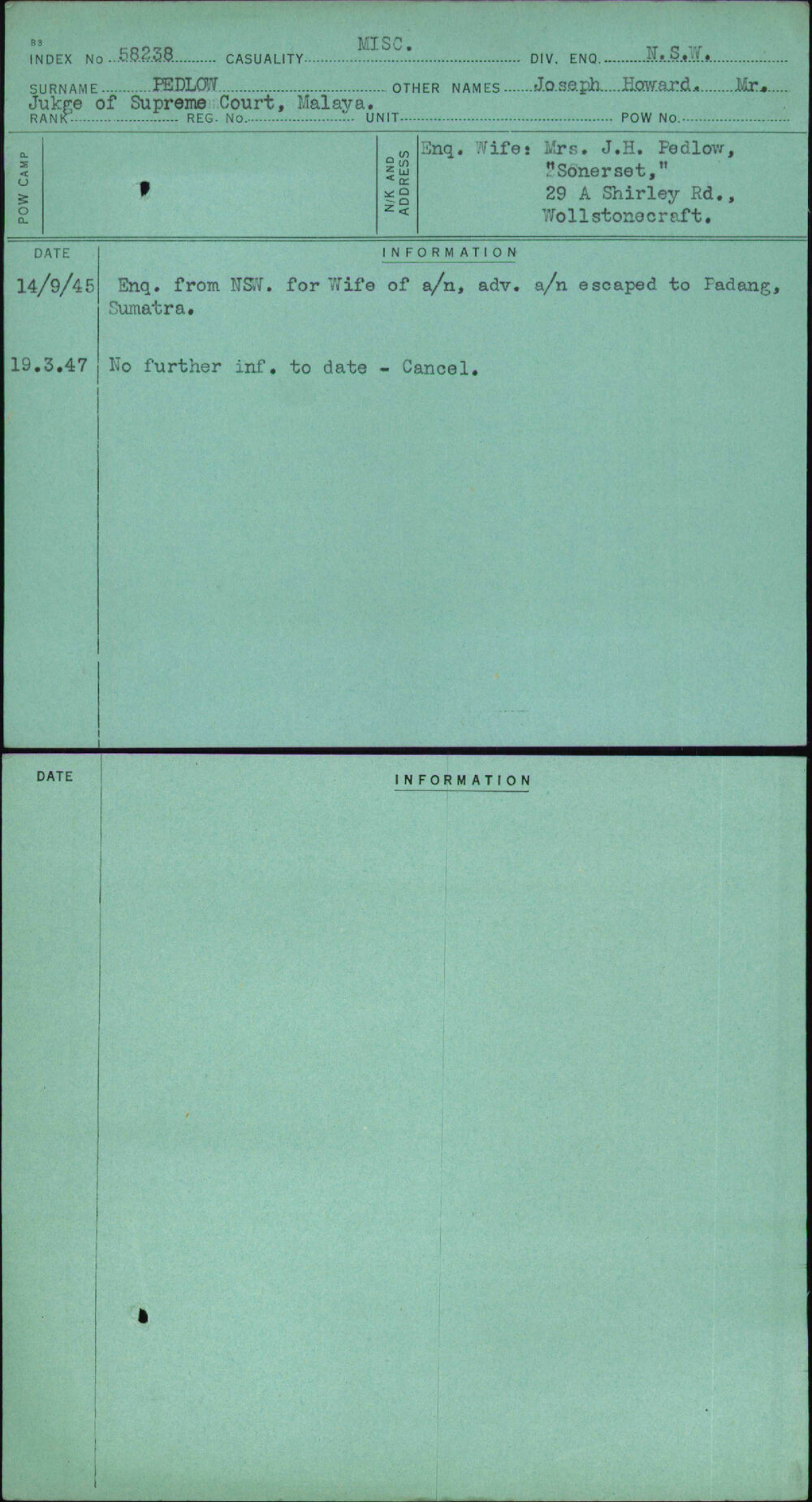 Pedlow, Joseph Howard Mr, [No Service Number]