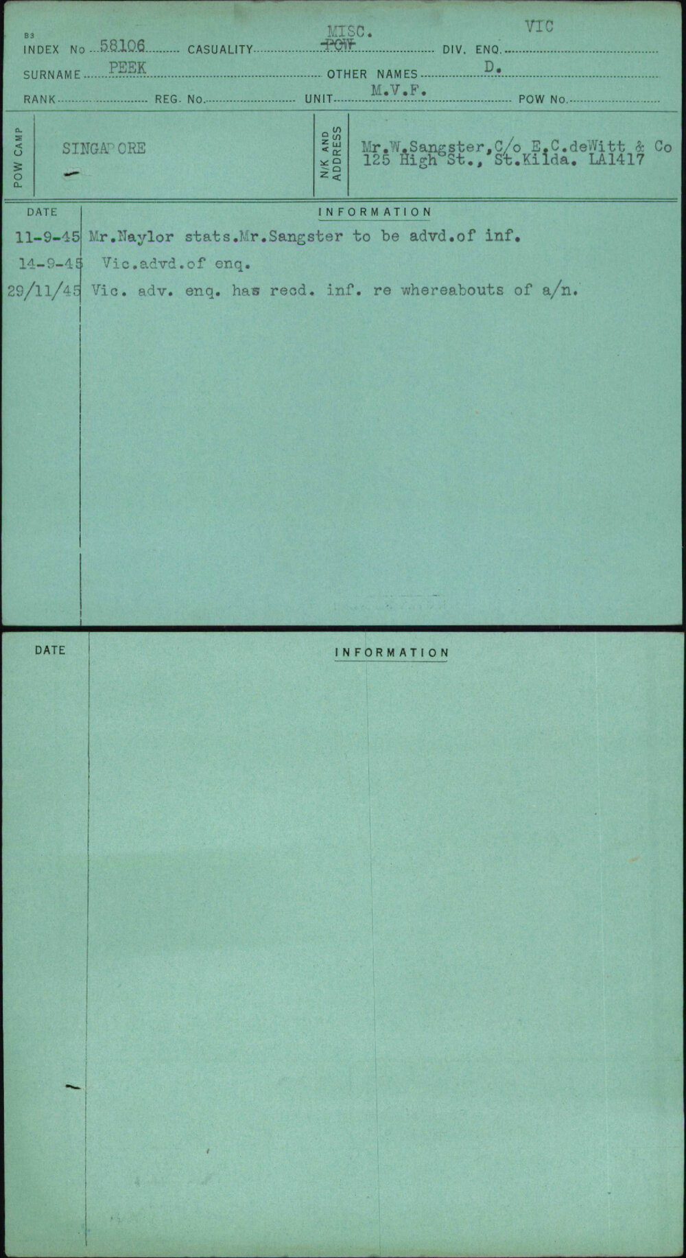 Peek, D, [No Service Number]