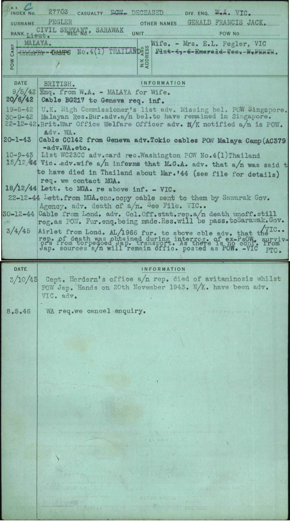 Pegler, Gerald Francis Jack, [No Service Number]