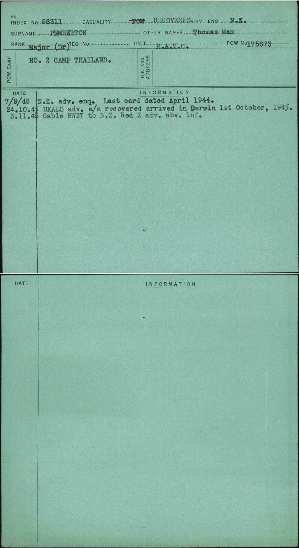 Pemberton, Thomas Max, [No Service Number]