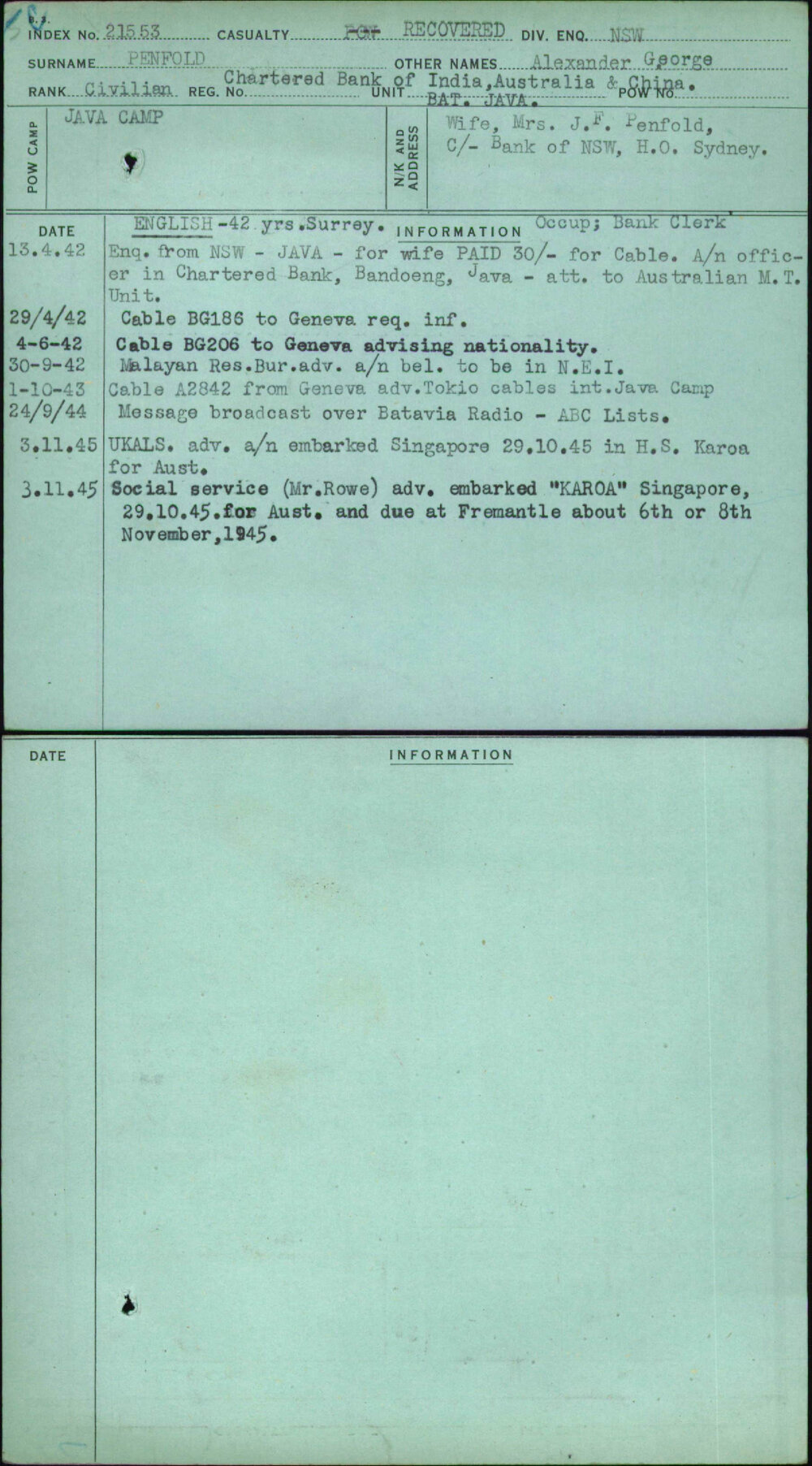 Penfold, Alexander George, [No Service Number]