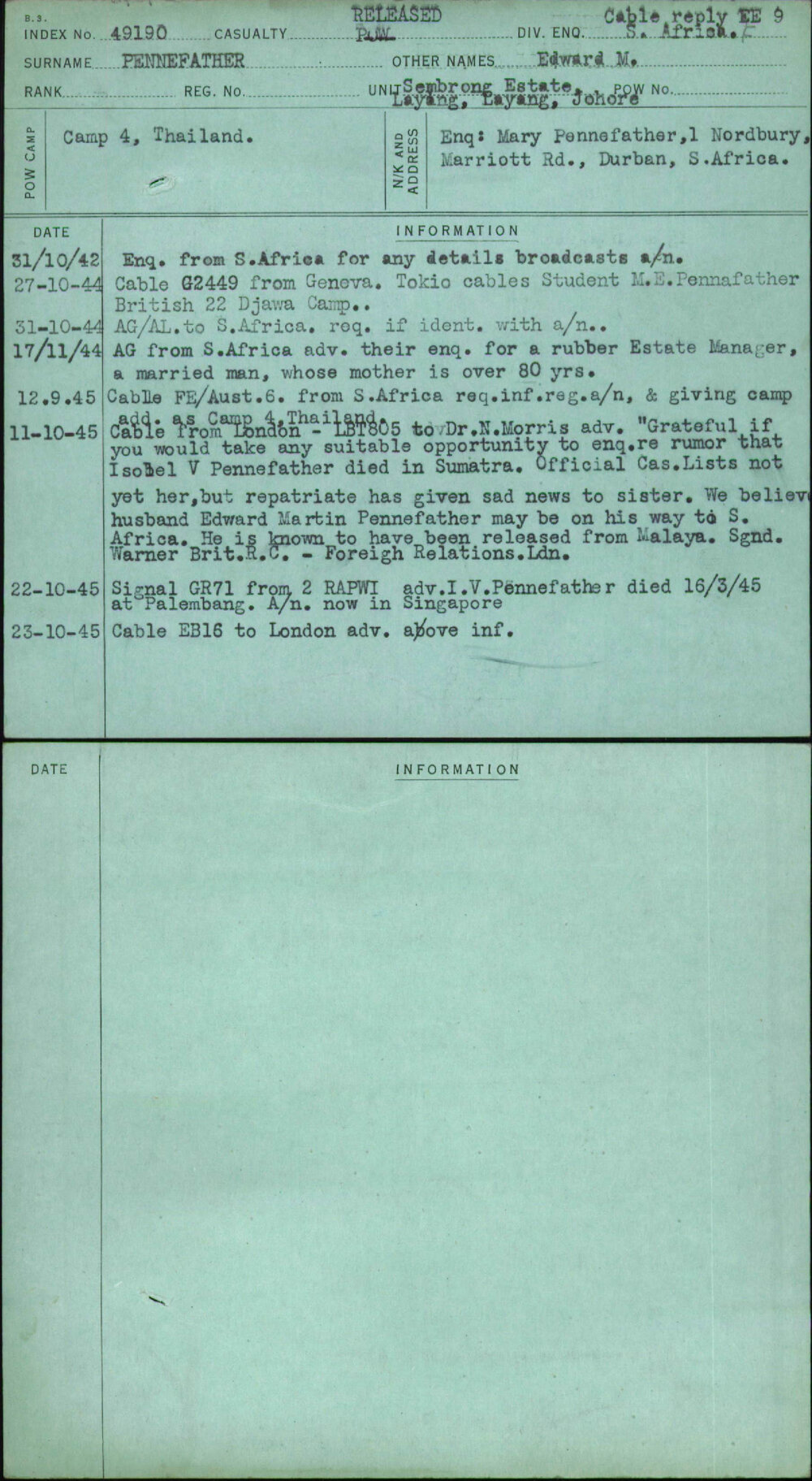 Pennefather, Edward M, [No Service Number]