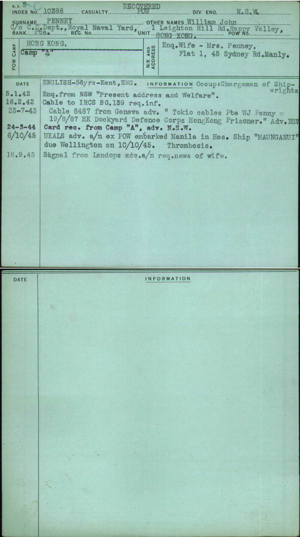 Penney, William John, [No Service Number]