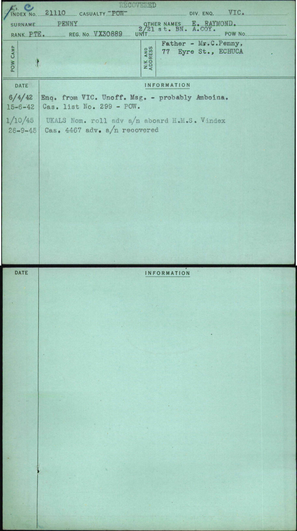 Penny, E Raymond, VX30889