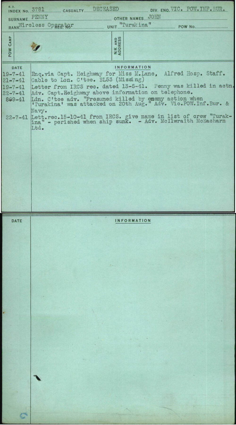 Penny, John, [No Service Number]