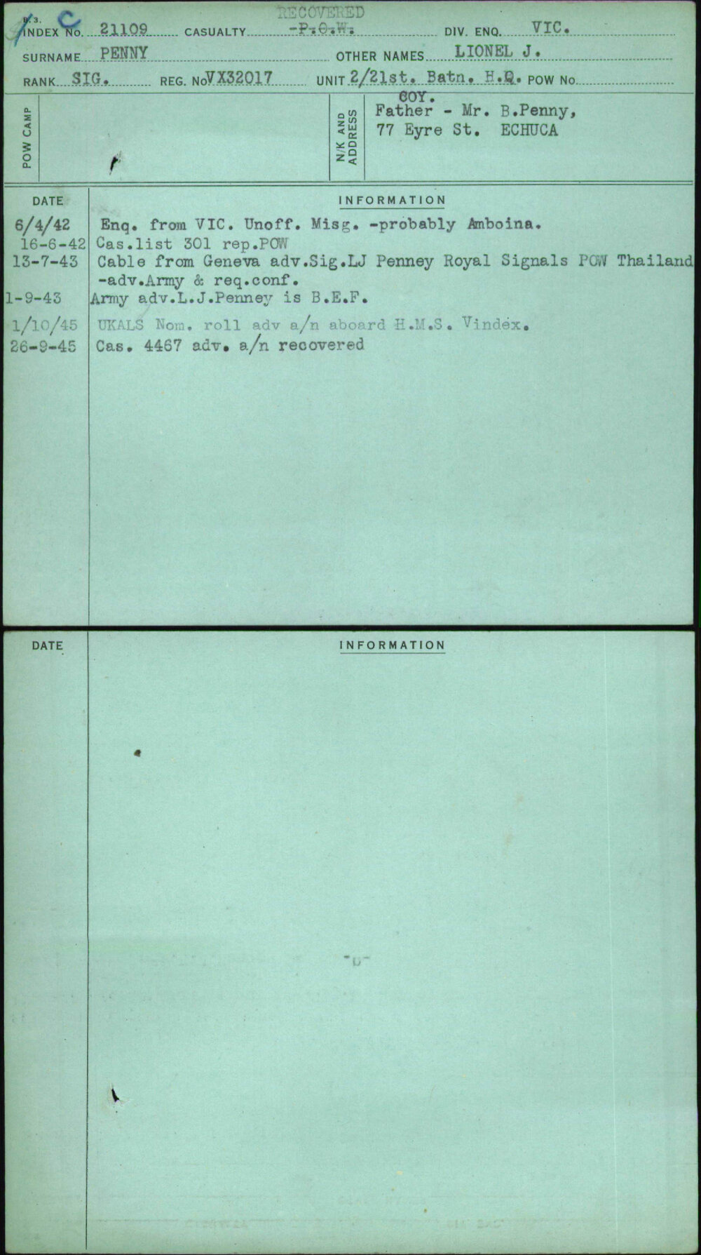 Penny, Lionel J, VX32017