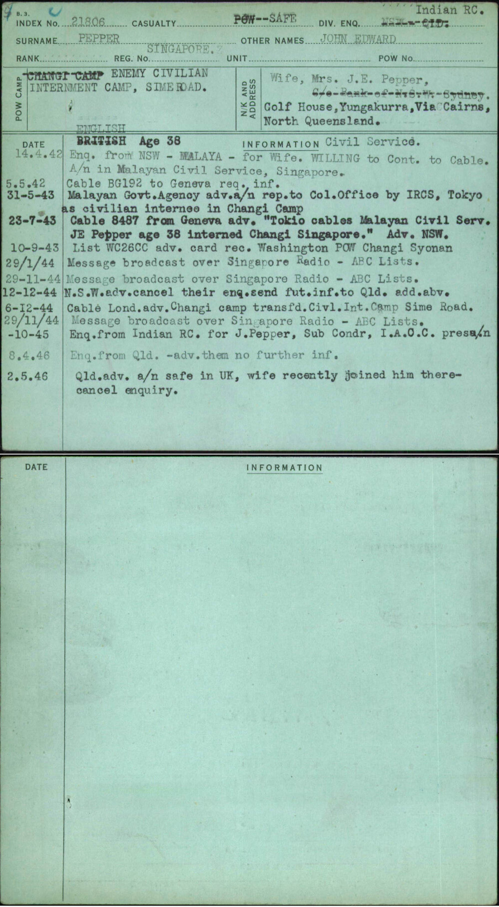 Pepper, John Edward, Singapore