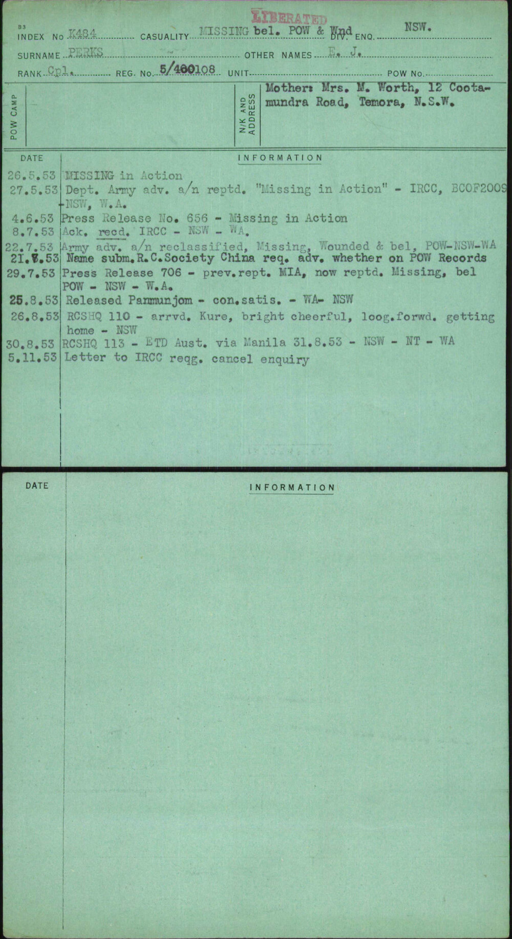 Perks, E J, 5-400108