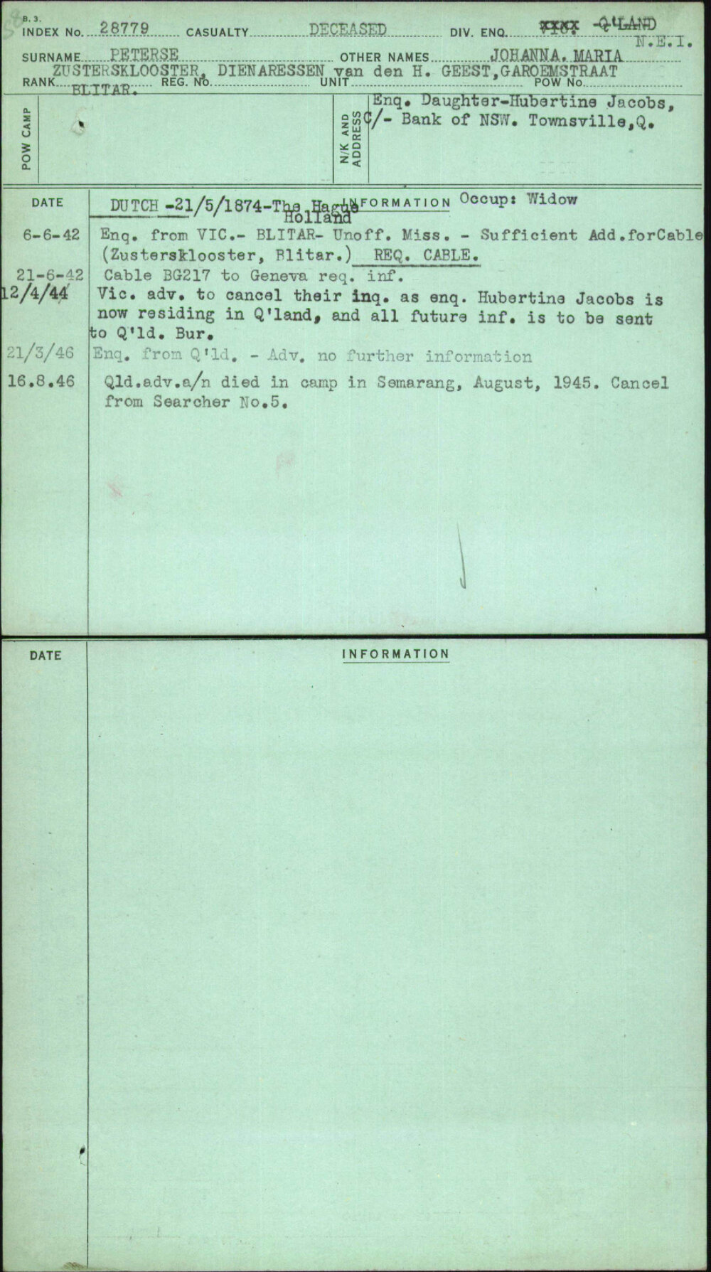 Peterse, Johanna Maria, [No Service Number]