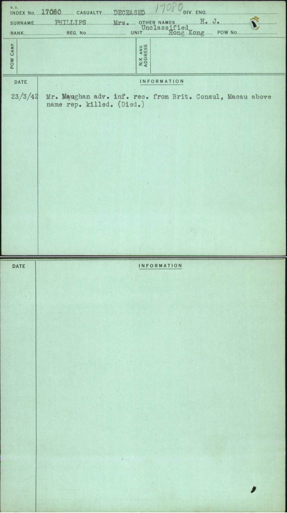 Phillips, H J, [No Service Number]