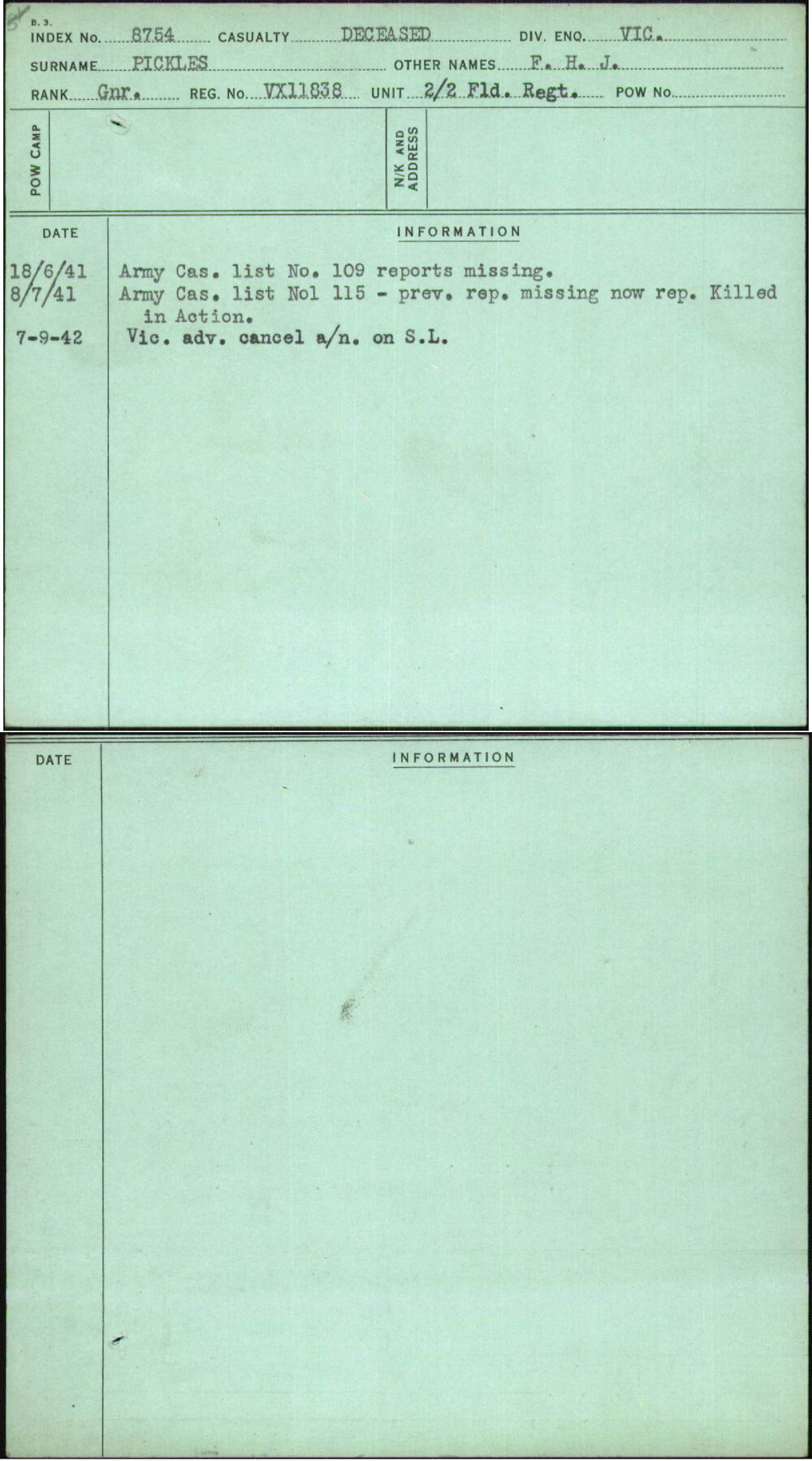 Pickles, F H J, VX11838