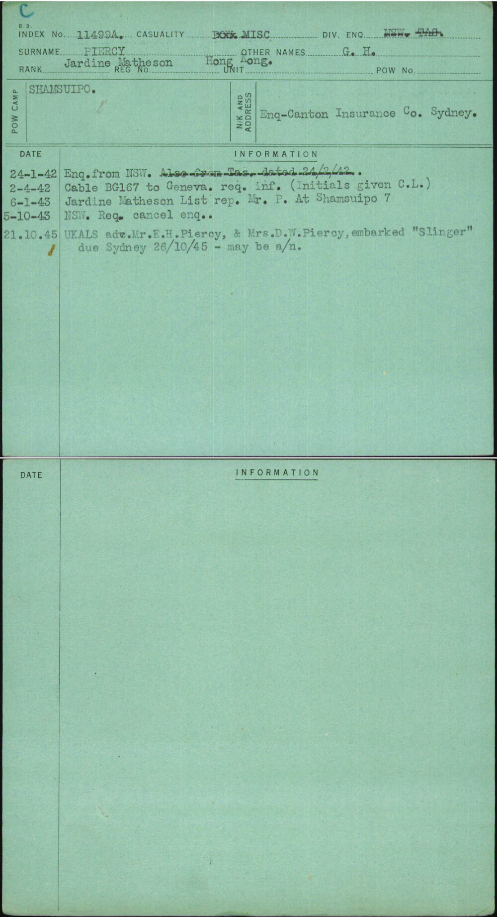 Piercy, G H, [No Service Number]