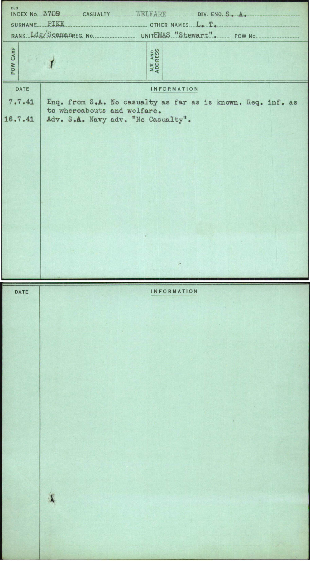 Pike, L T, [No Service Number]