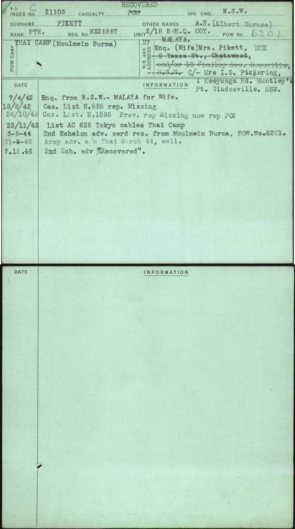 Pikett, A H (Albert Horace), NX25887