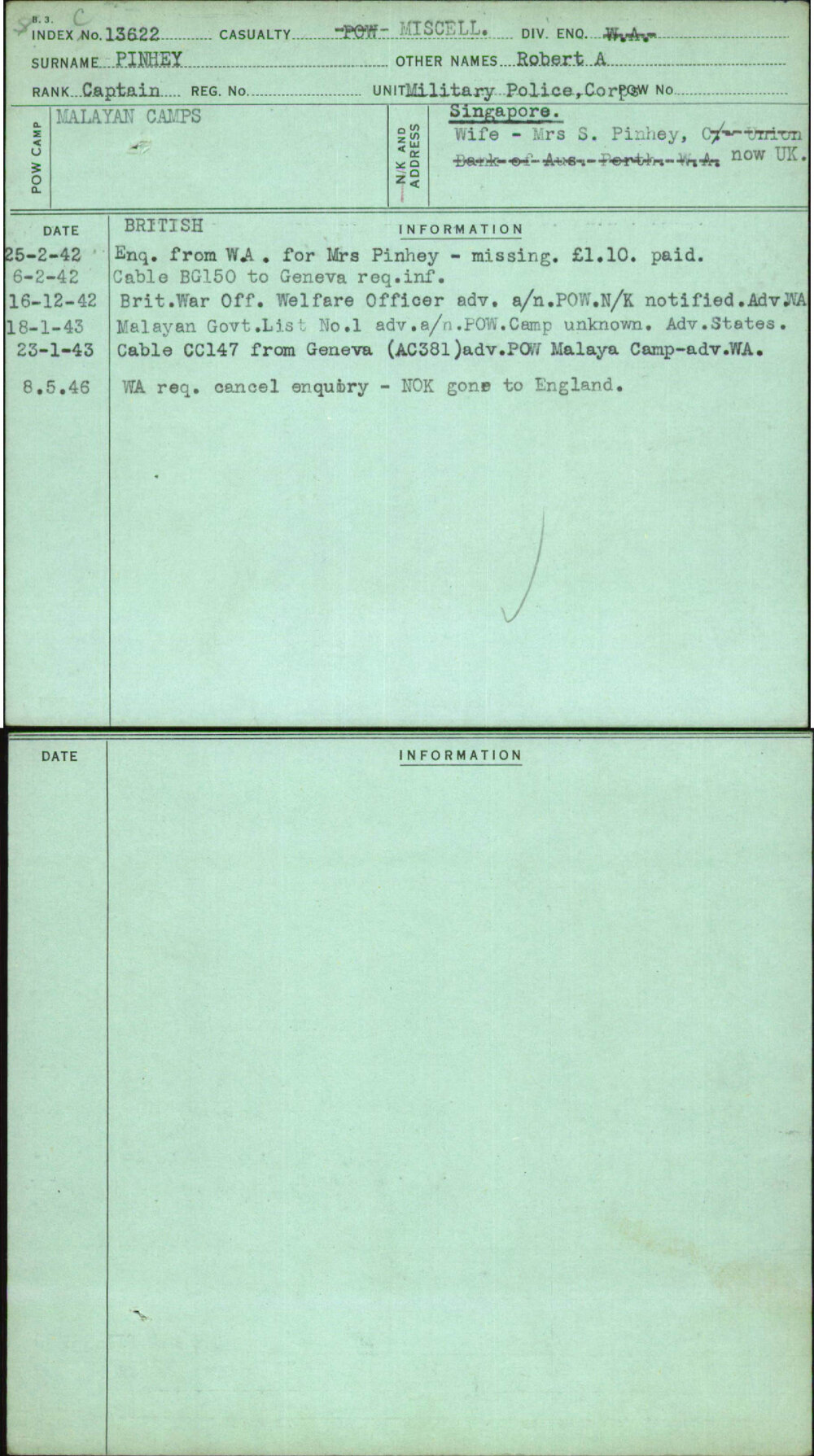 Pinhey, Robert A, [No Service Number]