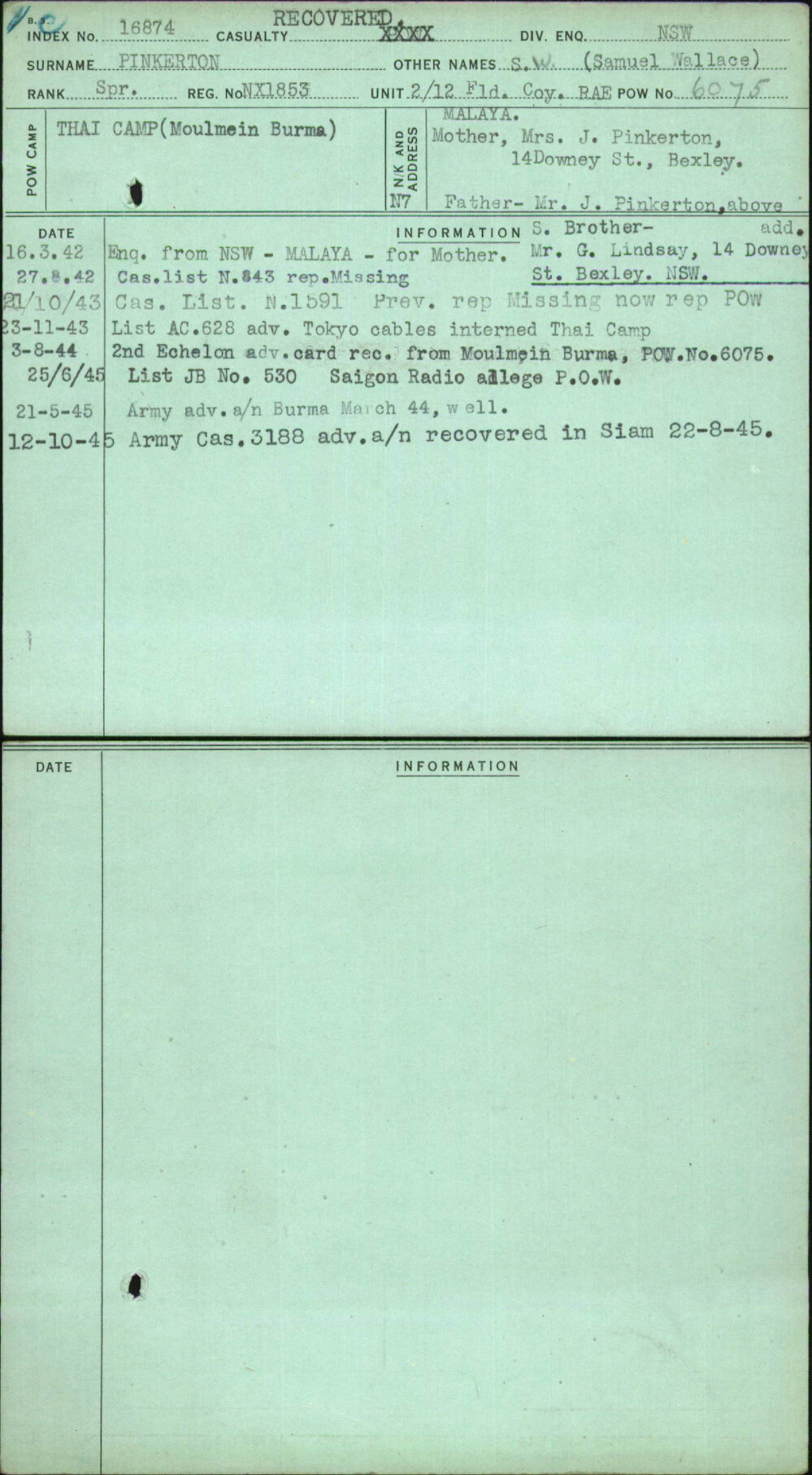 Pinkerton, S W (Samuel Wallace), NX1853