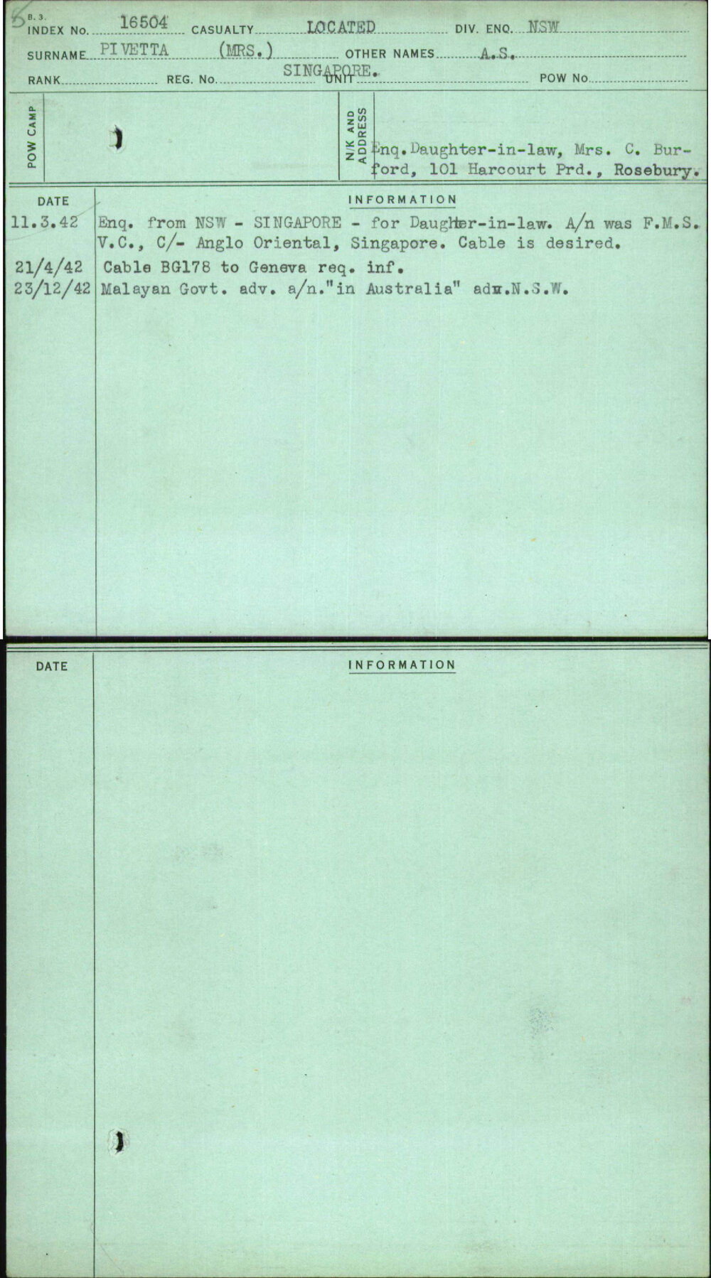 Pivetta (Mrs), A S, Singapore