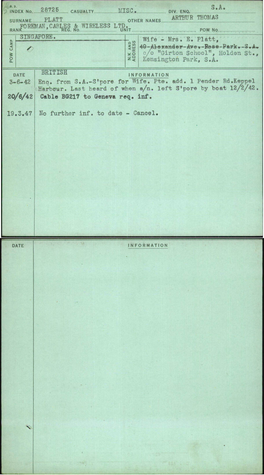 Platt, Arthur Thomas, [No Service Number]