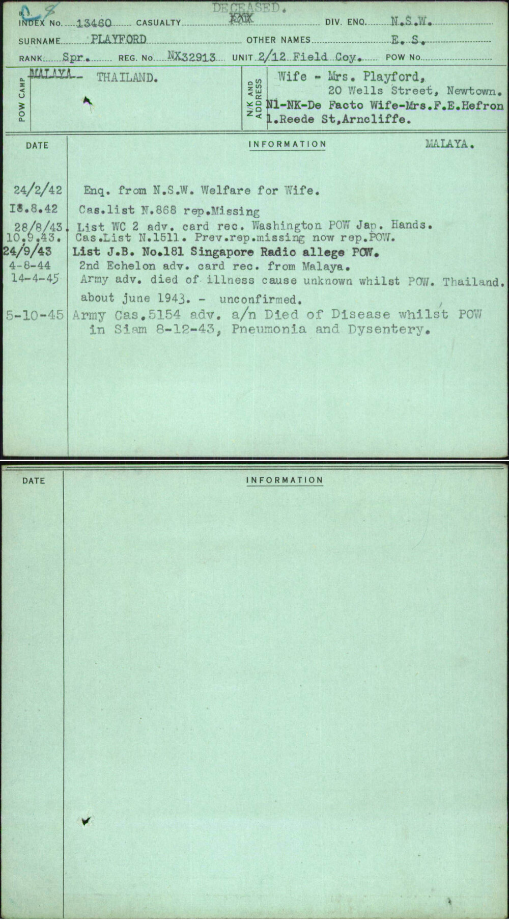 Playford, E S, NX32913